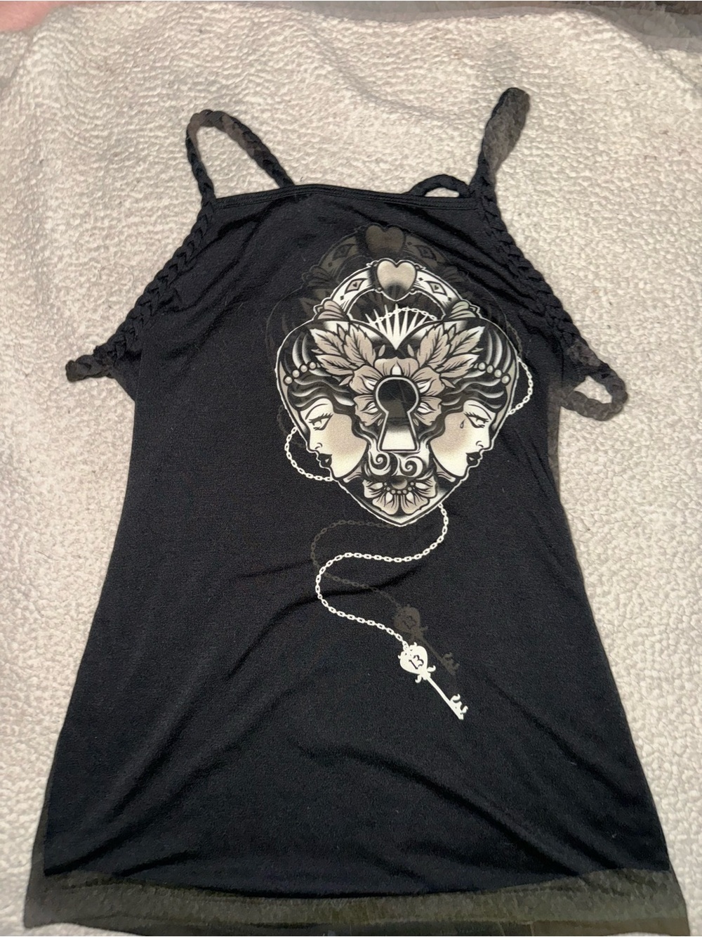 Lucky Thirteen Black Graphic Keyhole Halter Tank Top